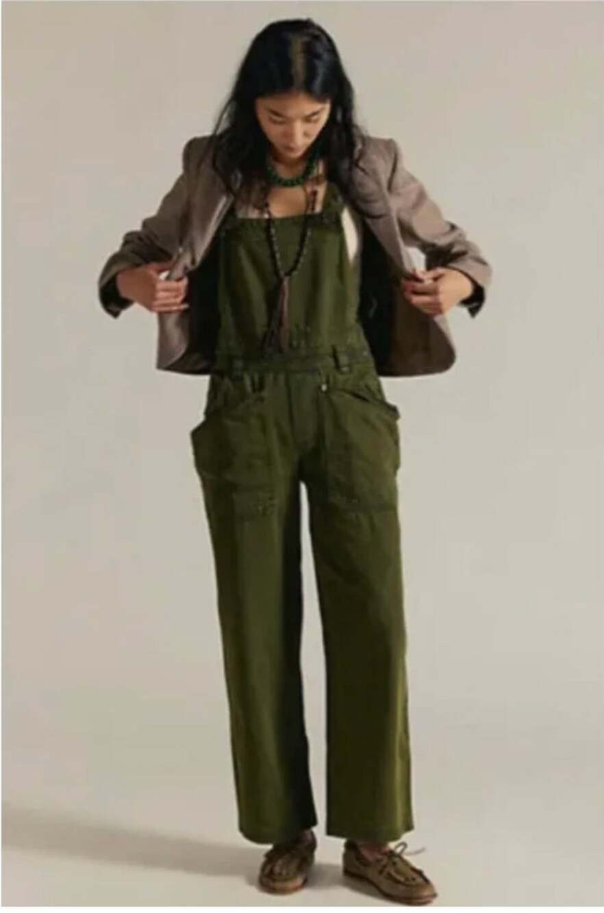 NWT Free People We The Free Just In Time Overalls in Army Green XL